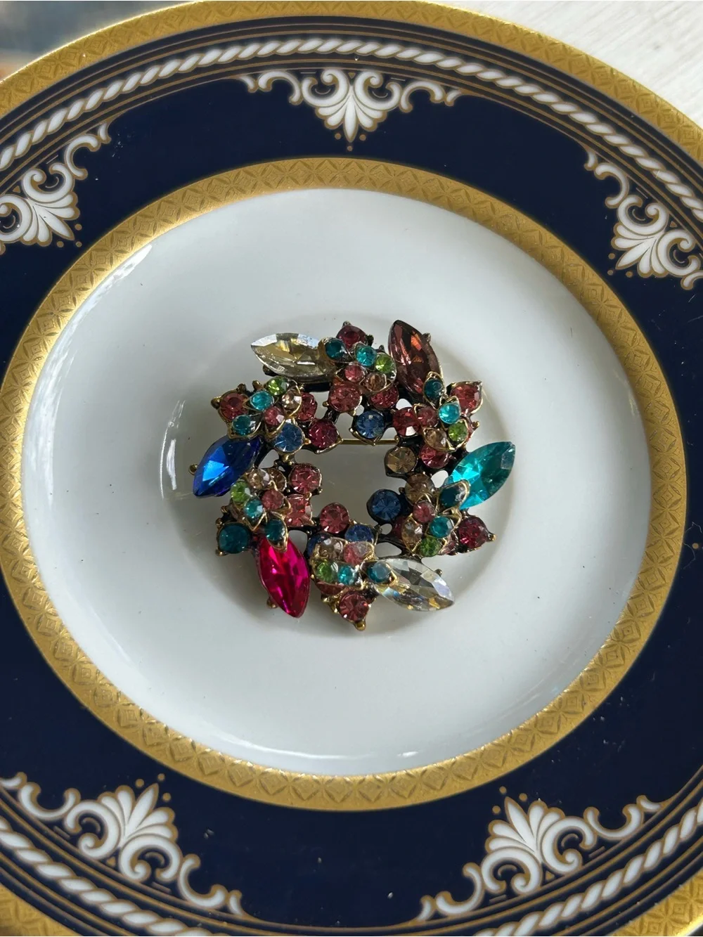 Vintage Multicolor Crystal Wreath Brooch
